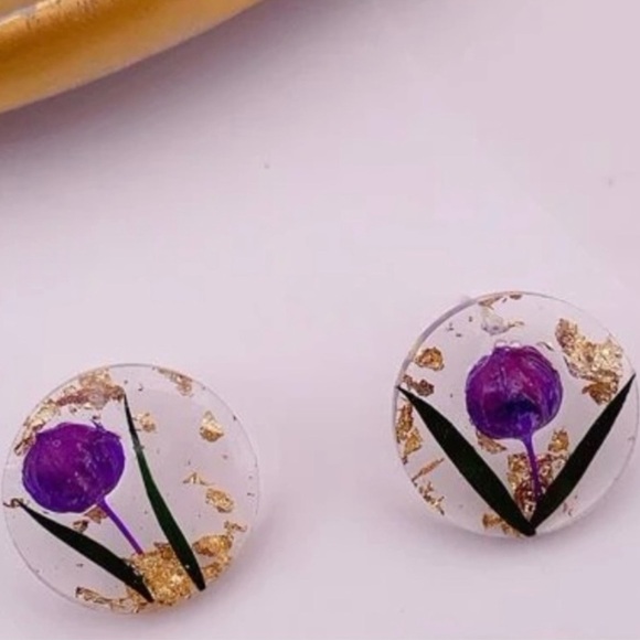 Jewelry - “Purple Baby Rose Buds” Tiny Pressed Preserved Dried Flower Gold Flake Earrings